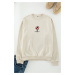 Trendyol Stone Oversize/Wide Cut Crew Neck Textured Embroidery Detailed Sweatshirt