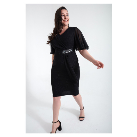 Lafaba Women's Black V-Neck Short Sleeve Plus Size Midi Evening Dress