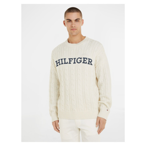 Krémový pánsky vlnený sveter Tommy Hilfiger Cable Monotype Crew Neck