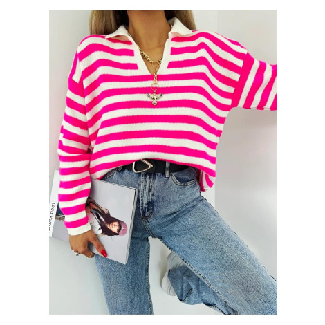 51782 Dewberry Polo Neck Striped Long Sleeve Sweater-FUCHSIA