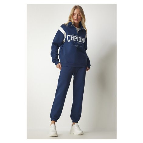 Happiness İstanbul Women's Navy Blue Zipper Collar Printed Raised Tracksuit