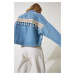 Happiness İstanbul Women's Medium Blue Tassel Detailed Crop Denim Jacket