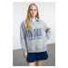 Trendyol Gray Melange Oversize Thick Fleece Slogan Printed Zippered Knitted Sweatshirt