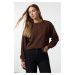 Trendyol Dark Brown Printed Regular Fit Thick Inside Fleece Knitted Sweatshirt