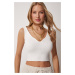 Happiness İstanbul Women's White V-Neck Summer Crop Knitwear Blouse