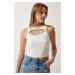 Happiness İstanbul Women's White Cut Out Detailed Ribbed Crop Knitted Blouse