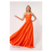 Oranžové dlhé saténové večerné šaty a šaty na ples Lafaba pre ženy s niteňovými ramienkami a pás