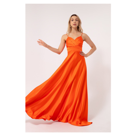 Lafaba Women's Orange Long Satin Evening Dress & Prom Dress with Thread Straps and Waist Belt