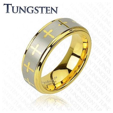 Tungstenový prsteň v zlatom odtieni, krížiky a pás striebornej farby, 8 mm - Veľkosť: 70 mm