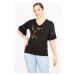 Şans Women's Black Plus Size V-Neck Blouse With Front Embroidery And Lace Detailed Sleeves