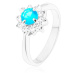 Lesklý prsteň s úzkymi hladkými ramenami, zirkónový kvet modrej a čírej farby - Veľkosť: 61 mm