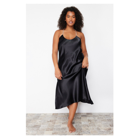 Trendyol Curve Black Strappy Satin Woven Nightgown