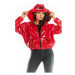 Červená vinylová krátka bunda s kapucňou pre dámy