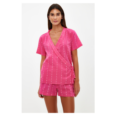 Trendyol Fuchsia Striped 100% Cotton Viscose Wide Pattern Shirt-Shorts Woven Pajama Set