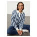 Trendyol Blue Striped Polo Neck Thick Fleece Inside Oversize Knitted Sweatshirt