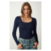 Happiness İstanbul Women's Navy Square Neck Viscose Knitted Blouse