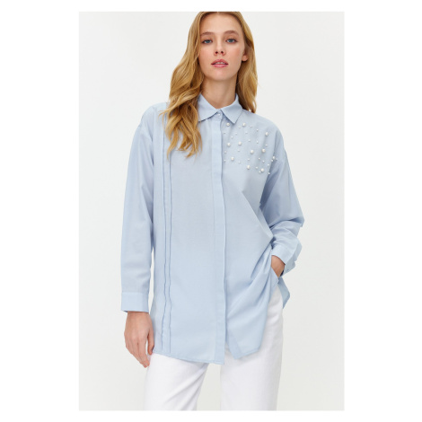 Trendyol Blue Pearl Detailed Cotton Woven Shirt