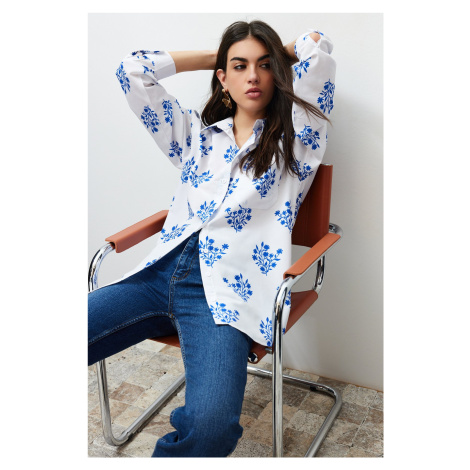 Trendyol Ecru Floral Print Oversize/Creature Woven Shirt