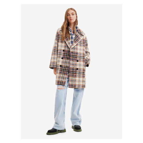 Light brown checkered coat with wool Desigual Duke - Ladies
