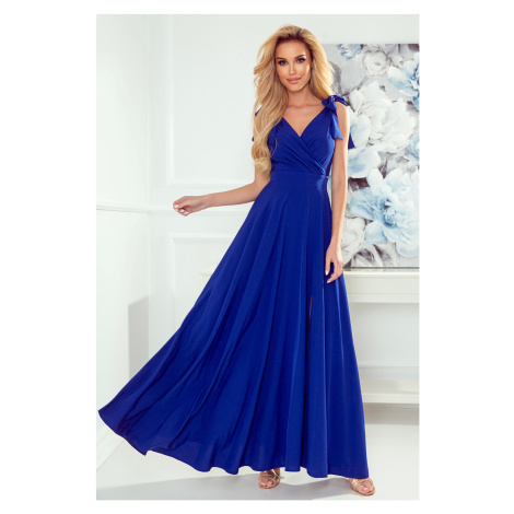 Dlhé modré šaty s výstrihom ELENA 405-2 NUMOCO