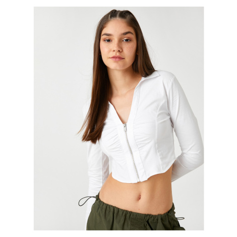 Koton Crop Poplin Shirt with Zipper Front Long Sleeve, Cuff Collar
