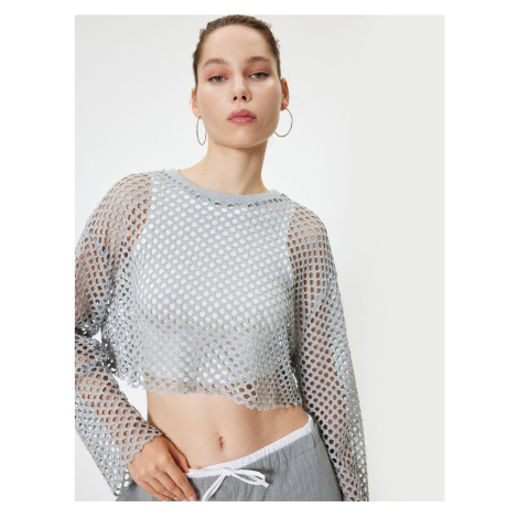 Koton Openwork Crop T-Shirt Long Sleeve Crew Neck Comfortable Fit