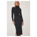 Happiness İstanbul Women's Black Turtleneck Belted Corduroy Knitted Dress