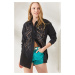 Olalook Women's Black Stamp Sequin Detailed Oversize Shirt