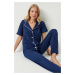 Happiness İstanbul Women's Navy Blue Piping Detailed Shirt Trousers Pajama Set