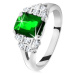 Ligotavý prsteň v striebornej farbe, smaragdovo zelený zirkón, rozdelené ramená - Veľkosť: 49 mm