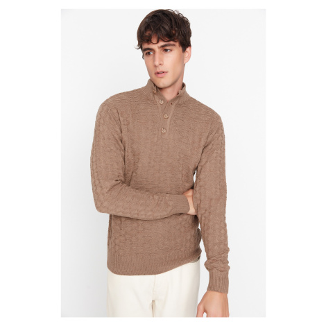 Trendyol Men's Brown Men's Slim Fit Buttoned Half Turtleneck Textured Knitwear Sweater