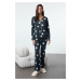 Trendyol Navy Blue 100% Cotton Star Patterned Piping Detailed Knitted Pajamas Set