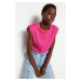 Trendyol Fuchsia 100% Cotton Padded Crop Crew Neck Knitted T-Shirt