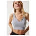 Happiness İstanbul Women's Gray Strappy Crop Knitted Blouse