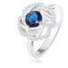 Strieborný 925 prsteň, trblietavý obrys kvetu, modrý okrúhly zirkón - Veľkosť: 60 mm