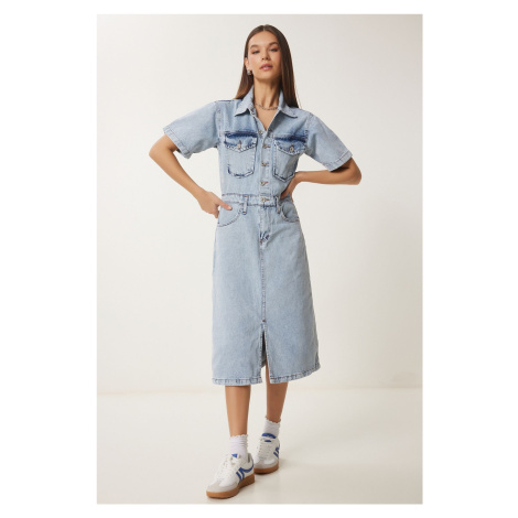 Happiness İstanbul Women's Medium Blue Slit Denim Dress