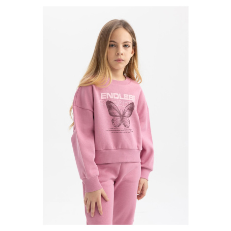 DEFACTO Girl's Relax Fit Crew Neck Printed Thick Sweatshirt