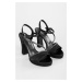 Shoeberry Women's Alaia Black Satin Stone Platform Heel Shoes