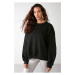 GRIMELANGE Vaneltina Women's Polar Fleece 3 Thread Organic Cotton Oversize Basic Crew Neck Black