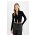 DEFACTO Fitted Stand Collar Basic Plain Zippered Ribbed Camisole Crop Black Cardigan