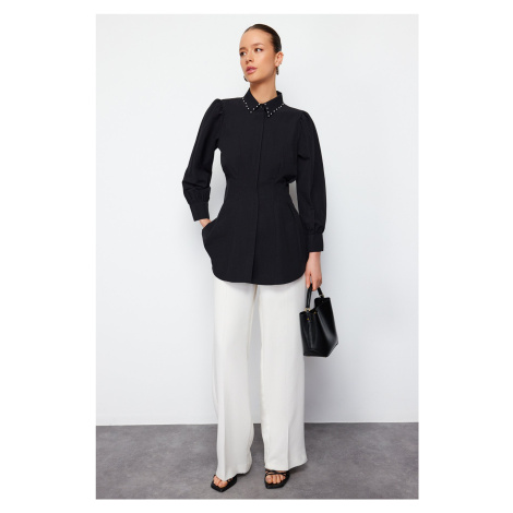 Trendyol Black Waist Fitted Pearl Detail Woven Shirt