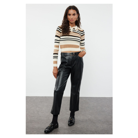 Trendyol Stone Crop Polo Neck Striped Knitwear Sweater