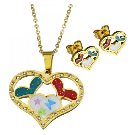 Sada šperkov z ocele Farebné srdiečka Zlatá