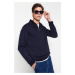 Trendyol Navy Blue Regular/Normal Cut Stand Collar Zippered Cotton Basic Fleece Inside Sweatshir