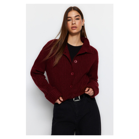 Trendyol Burgundy Crop Soft Textured High Neck Knitwear Cardigan