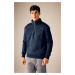 DEFACTO Navy Blue Comfort Regular Fit Relaxed Fit Zippered Stand Collar Basic Plain Sweatshirt