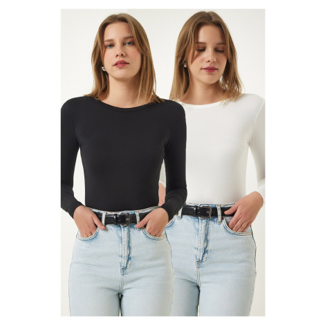 Happiness İstanbul Women's Black and White Crew Neck Wrap 2-Pack Basic Knitted Blouse