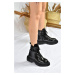 Fox Shoes Black Patent Leather Thick Sole Women's Daily Boots