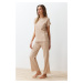 Trendyol Beige Ribbed Collar Detailed Knitted Pajamas Set