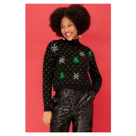 Trendyol čierny vianočný tematický pletený sveter crewneck